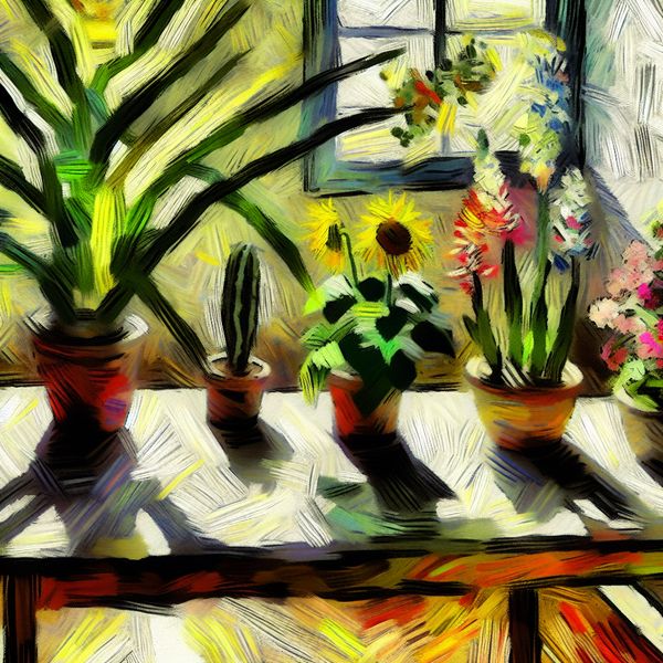 Vibrant Stilleven van Kamerplanten met Van Gogh Invloeden Stilleven met verschillende kamerplanten op een houten tafel, met grote groene bladeren, kleurrijke bloemen en een kleine vetplant, in een zonnige ruimte.
