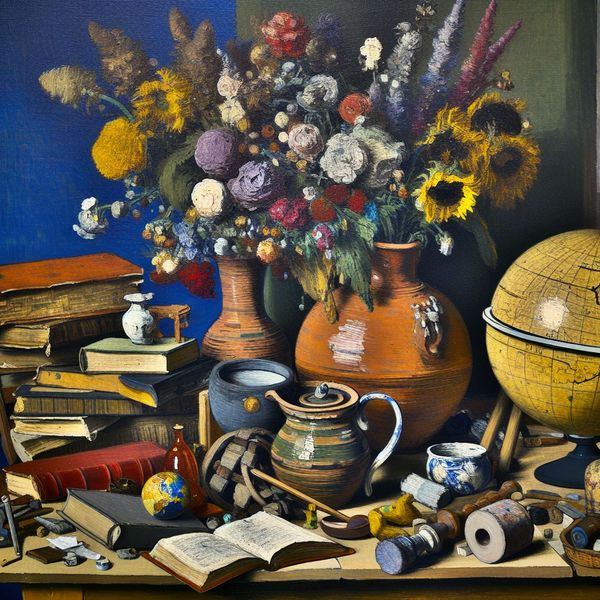 Een levendig stilleven van een rommelige tafel met oude voorwerpen zoals antieke boeken, een versleten globe, vintage speelgoed en een keramieken vaas met kleurrijke bloemen.