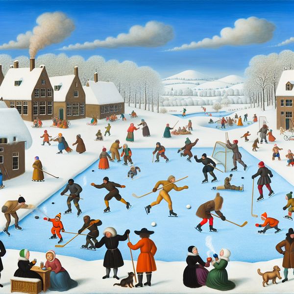 Vibrant Winter Landscape Inspired by Hendrick Avercamp Sfeervol winterlandschap met mensen die schaatsen, ijshockey spelen en sneeuwpoppen bouwen op een bevroren vijver