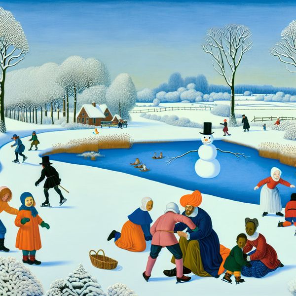 Kinderen en volwassenen spelen in de sneeuw rond een sneeuwpop in een winterlandschap, geschilderd in de stijl van Hendrick Avercamp.