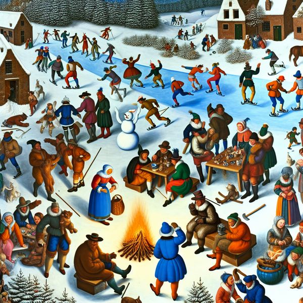 Vibrant winter landscape with friends and activities Groep mensen in een levendig winterlandschap, bezig met ijs schaatsen, sneeuwpoppen maken en bij een kampvuur verhalen delen.