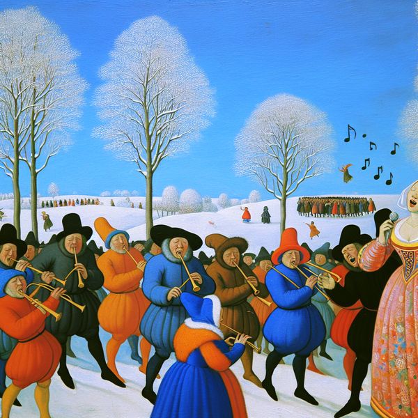 Vibrant Winter Landscape Outdoor Concert Een levendig winterlandschap met een buitenconcert waar muzikanten spelen en een zingende vrouw in een felgekleurde outfit te zien is.