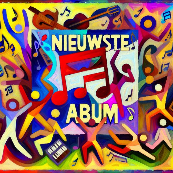 Vibrante Abstracte Afbeelding van een Nieuwste Album Abstracte afbeelding van een nieuw muziekalbum met een groot albumhoes, kleurrijke elementen en figuren die dansen.