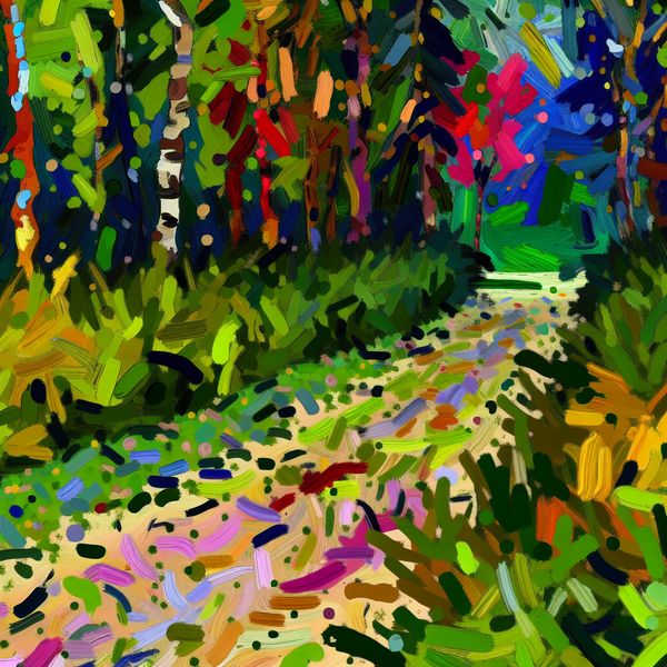 Vibrante abstracte boslandschap weergave met dieren Abstracte kleurrijke voorstelling van een dichte boslandschap met veel bomen en struiken