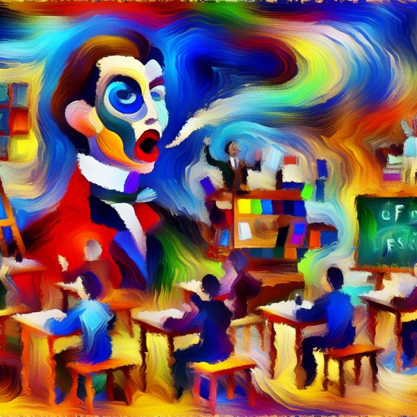 Abstracte weergave van een klaslokaal met een zelfverzekerde, spraakzame figuur die een arrogante uitdrukking toont, omringd door ongeïnteresseerde studenten en onderwijsbenodigdheden.