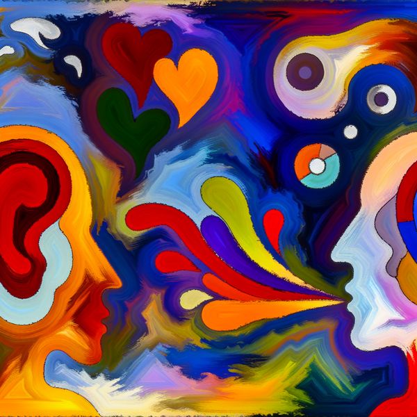 Abstracte scène met twee kleurrijke figuren die aandacht en begrip symboliseren