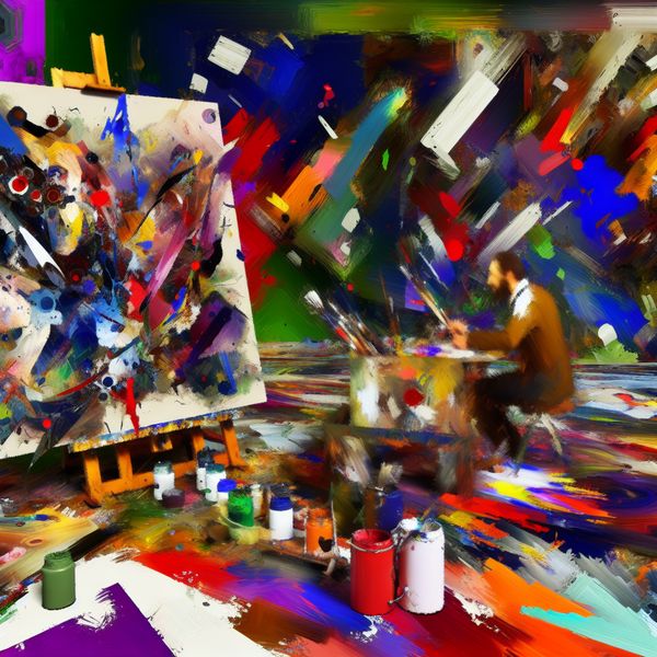 Abstracte compositie met een kunstenaar die met agressieve penseelstreken en sprankelende kleuren op een groot canvas werkt.