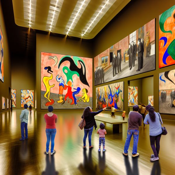 Vibrante Abstracte Kunsttentoonstelling in het Museum Een levendige museumsetting met abstracte kunst en enthousiaste bezoekers die de schilderijen bewonderen.