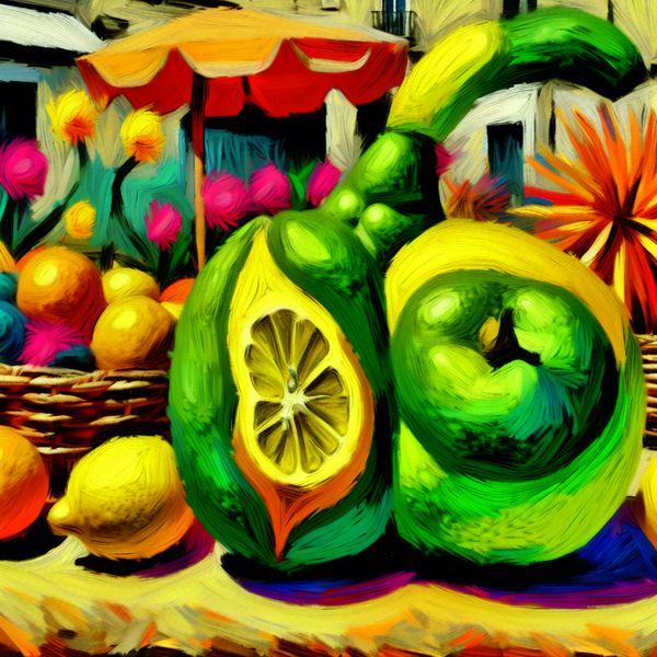 Vibrante afbeelding van de unieke citroenappel Abstracte afbeelding van een citroenappel, een hybride fruitsoort met gele en groene tinten, omringd door kleurrijke bloemen in een speelse marktsetting.