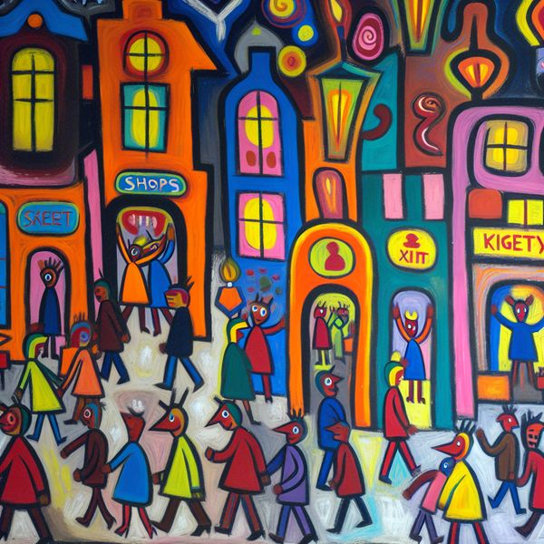 Abstracte scène van een levendige avondwinkelsfeer met diverse animaties van blije shoppers in kleurrijke winkels