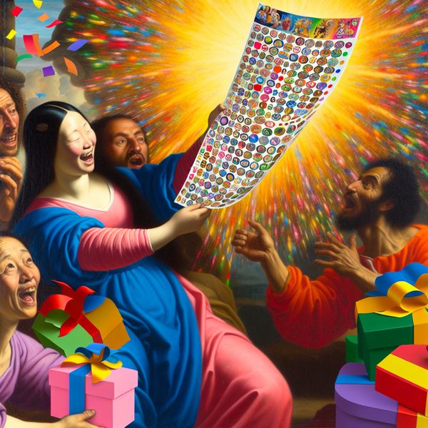 Een persoon toont vreugdevol een kleurrijke spaarkaart vol met stickers, omringd door feestelijke decoraties en enthousiaste vrienden en familie.