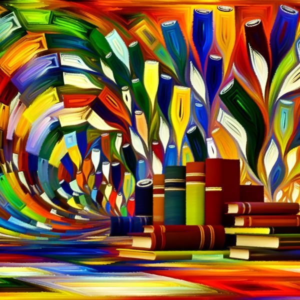 Abstracte weergave van een levendige bibliotheekscene met kleurrijke boeken in verschillende speelse schikkingen.