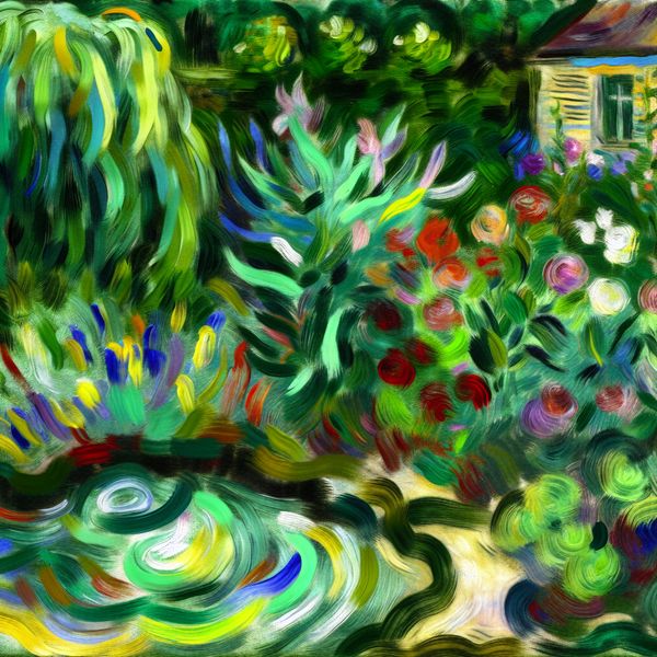 Vibrante Chaotische Tuin Achter Huis - Abstracte Kunst Abstract expressionistisch schilderij van een chaotische tuin achter een huis met levendige kleuren en dynamische penseelstreken.