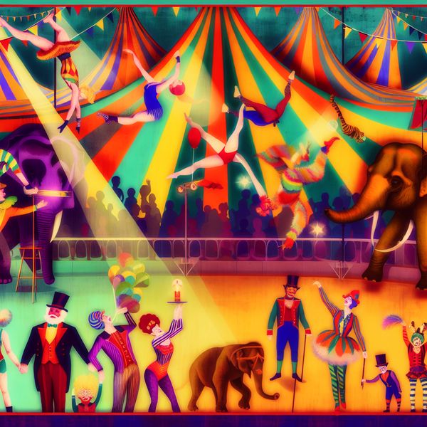 Vibrante circus scène met acrobaten en clowns Vibrante cirkus scène met acrobaten, clowns en dieren zoals olifanten en leeuwen in actie onder een kleurrijk tent.