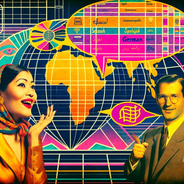Vibrante retro-futuristische scène met een diverse groep mensen die communiceren in verschillende talen, inclusief een vrouw die spreekt in het Spaans en een man die schrijft in het Duits, met een wereldkaart op de achtergrond.