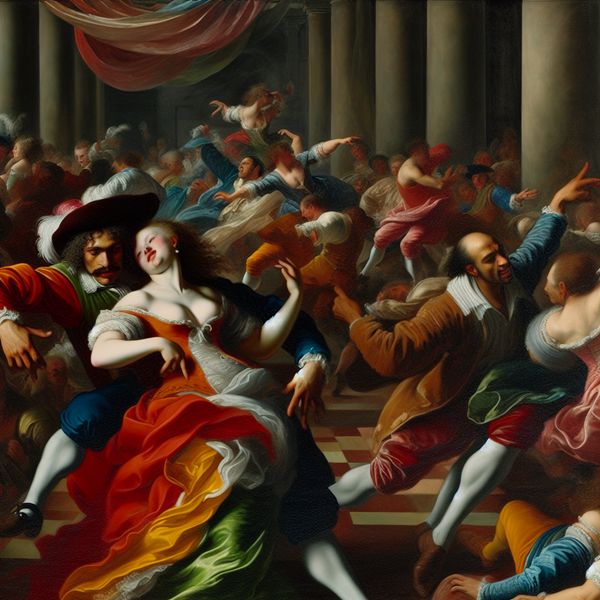 Vibrante Dans Scène in Barokke Stijl Een paar danst enthousiast in een weelderige Baroksetting, omgeven door andere dansers, met een nadruk op de beweging en levendige kleuren.