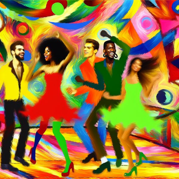 Vibrante Danspartij Met Diverse Mensen Een levendige danspartij met een diverse groep mensen die samen dansen tegen een kleurrijke abstracte achtergrond.