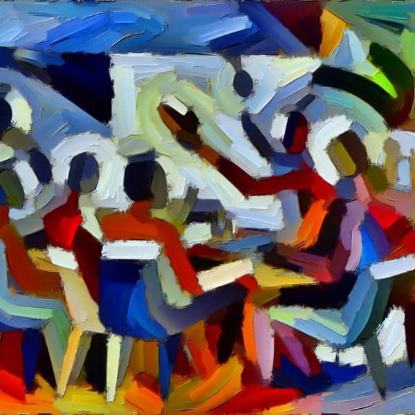 Abstract expressionist schilderij dat een chaotische vergadering uitbeeldt met dynamische kleuren en borstelstreken, wat een intense discussie en frustratie symboliseert.