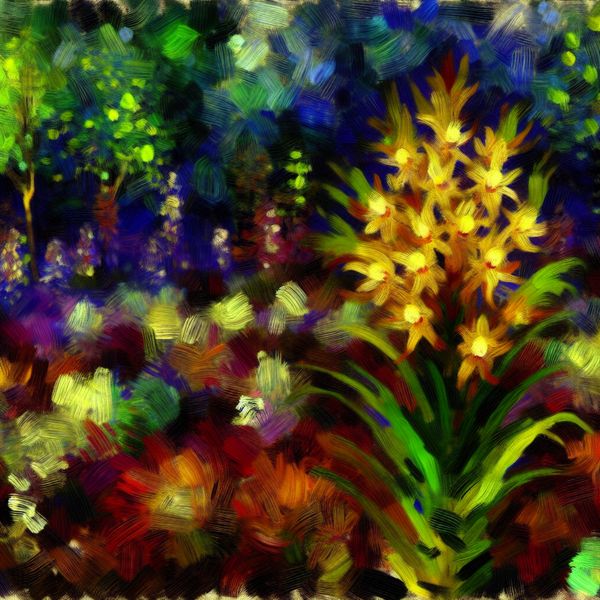 Abstracte uitdrukking van een kleurrijke tuin met een bloeiende echele plant, omringd door andere bloemen en groen.