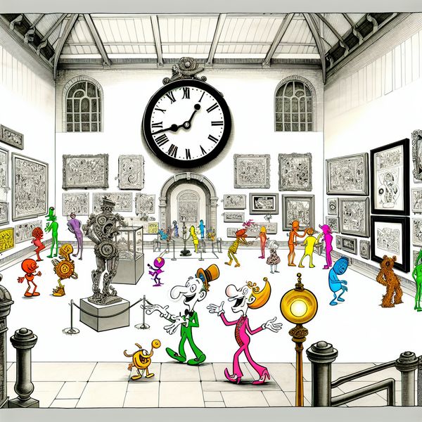 Een levendige cartoon met een expositiezaal en kleurrijke karakters die de klok en kunstwerken bekijken, met de uren tussen 10 en 18