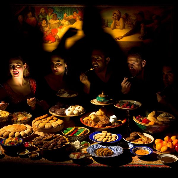 Vibrante Feestmaaltijd met Diverse Gerechten Een rijk gedekte tafel met een overvloed aan diverse gerechten en vrolijke mensen die samen een feestmaal genieten.