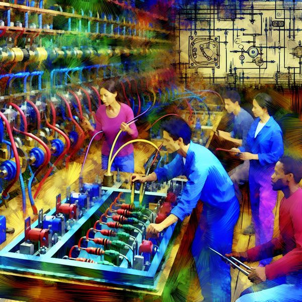 Vibrante illustratie van een elektrisch circuit in een werkplaats Een dynamische illustratie van een complex elektrisch circuit in een werkplaats, met een diverse groep technici die het circuit inspecteren.