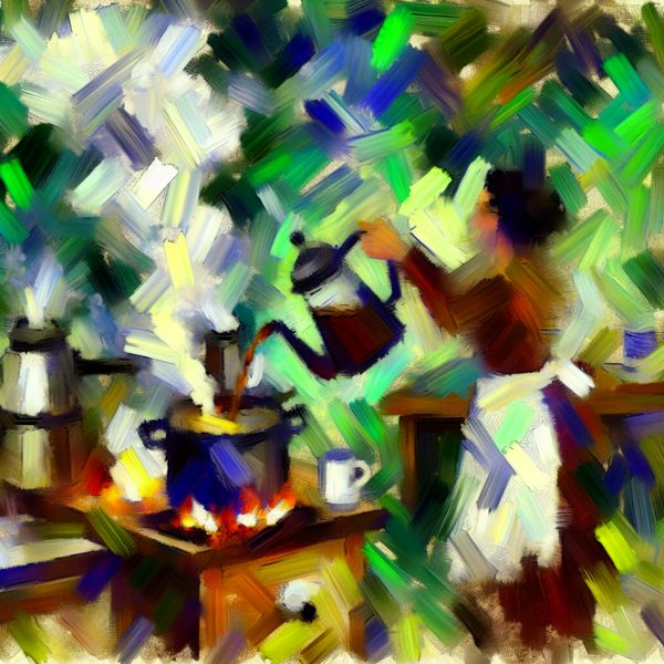 Vibrante Keuken met Koffie en Thee Abstract expressionistische keuken met koffiepot en theepot, stoom stijgend in krachtige penseelstreken