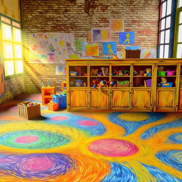 Vibrante klaslokaal met speelgoed en boeken Klaslokaal met een houten kast vol kleurrijke speelgoed en boeken, in de stijl van Vincent van Gogh