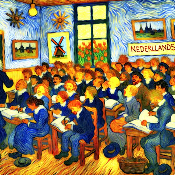 Een levendig klaslokaal waar studenten van diverse achtergronden enthousiast Nederlands leren met boeken en een zwart bord dat 'Nederlands' toont.
