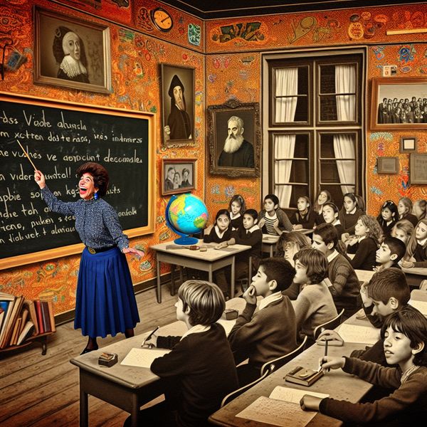 Vibrante Klaslokaal Scene met Docent en Studenten Docent schrijft belangrijke informatie op een groot schoolbord terwijl studenten oplettend kijken en notities maken