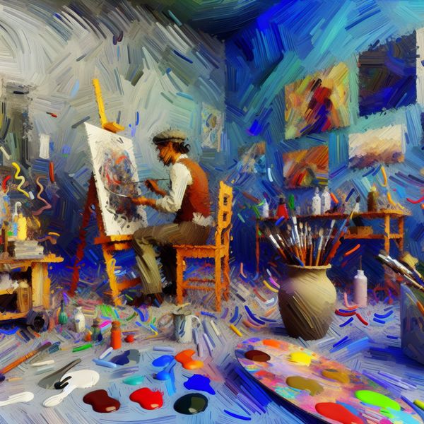 Vibrante kunststudio met jonge kunstenaar Abstracte afbeelding van een jonge kunstenaar die enthousiast een schilderij maakt in een levendige kunststudio, omgeven door kleurrijke penseelstreken en kunstbenodigdheden.