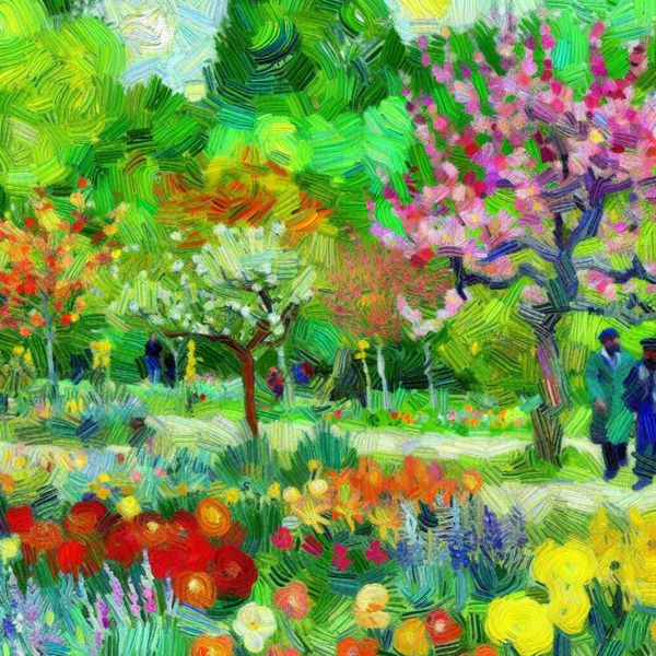 Lente tuin vol kleuren en bloemen Vibrante lented tuin met een variëteit aan bloemen, planten en bomen in felle kleuren.