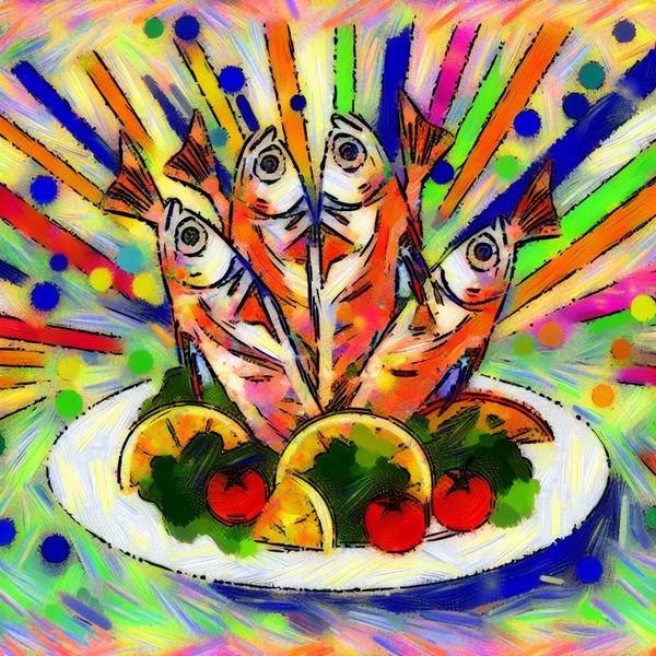 Vibrant maaltijd met gegrilde vis en kleurige groenten Abstracte kleurrijke compositie van een bord met gegrilde vis omringd door heldere groenten en garnering.