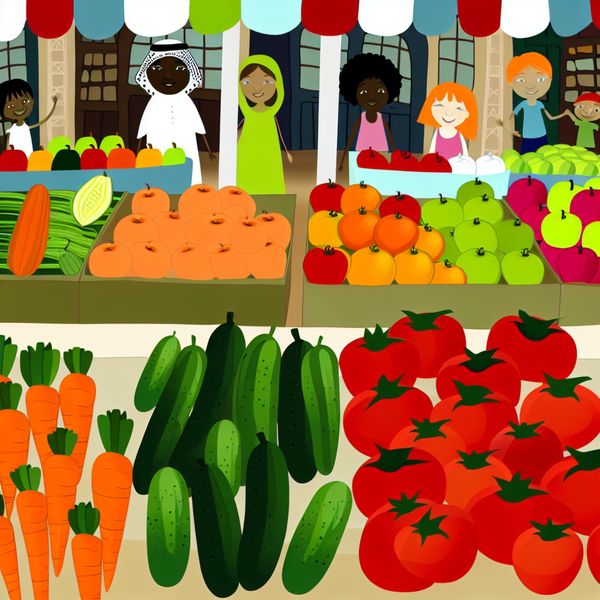 Vibrante Markt met Groenten en Fruit Vibrante marktscene met kleurrijke groenten en fruitstallen, in de stijl van Dick Bruna.