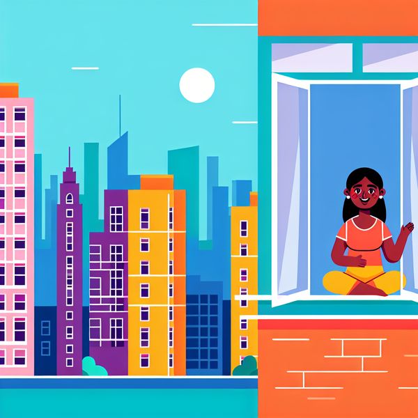 Minimalistische illustratie van een modern appartementencomplex met een jonge persoon die geniet van het uitzicht vanaf een grote raam.