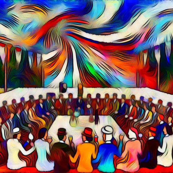 Vibrante netwerkevenement MENAAM met diverse deelnemers Abstract expressionist schilderij van een levendige netwerkbijeenkomst genaamd MENAAM waar diverse personen met dezelfde achternaam samenkomen.