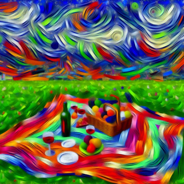 Vibrante picknick op een kleurrijke deken in een groene omgeving Abstracte schildering van een levendige picknick op een groene grasveld, met een kleurrijke deken en diverse picknickspullen zoals fruit en wijn glazen.