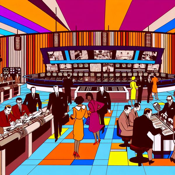 Vibrante radiostudio met journalists bespreken uitzending Drukke radiostudio met diverse journalisten die samenwerken aan een uitzending, omgeven door moderne apparatuur en levendige grafieken.