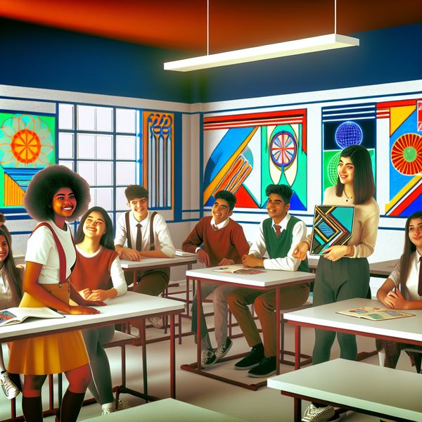 Vibrante retro-futuristische illustratie van studenten in de klas Illustratie van een groep diverse tienerstudenten in een moderne klas, die samenwerken aan projecten.