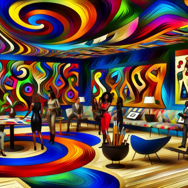 Een levendige en chaotische scène in een modern abstract kunstgalerie met kleurrijke vormen en figuren.