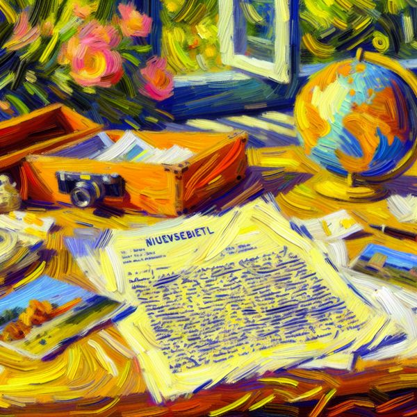 Vibrante scène van een brief op een bureau met reisherinneringen Een houten bureau met een open brief getiteld 'Nieuwsbericht', omringd door reisherinneringen en een globe, onder een zonlicht raam met bloeiende bloemen.