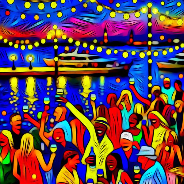 Vibrante sfeer in een bar aan het water Drukke sfeer in een levendige waterfront bar met lachende vrienden, kleurrijke versieringen en fairy lights.