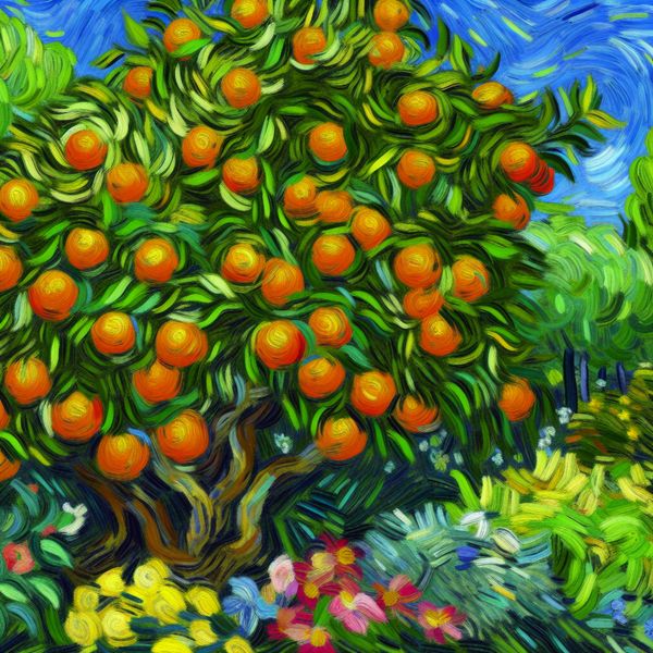 Vibrante sinaasappelboom in een bloeiende tuin Een levendige sinaasappelboom in volle bloei, omringd door kleurrijke bloemen en groen onder een heldere blauwe lucht.