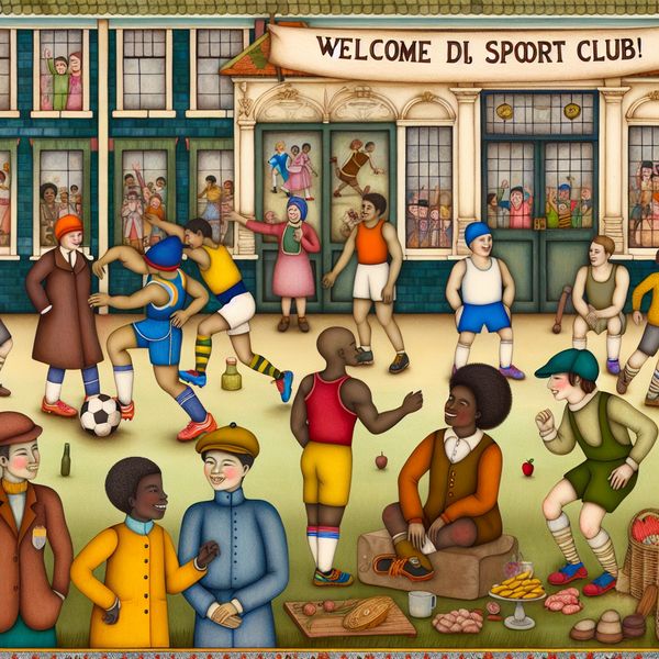 Vibrante sportclubsfeer met diverse activiteiten Een levendige sportclub setting met diverse mensen die bezig zijn met voetbal, chatten en samen trainen, met een groep vrienden in sportoutfits die een spel spelen.
