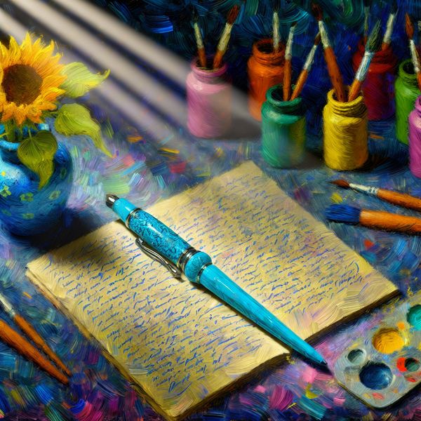 Vibrant Stilleven van Schrijfinstrumenten en Creatieve Materialen Vibrante stilleven met een blauwe pen op een open notitieboek vol handgeschreven huiswerk, omringd door kleurrijke verf en zonnebloemen.