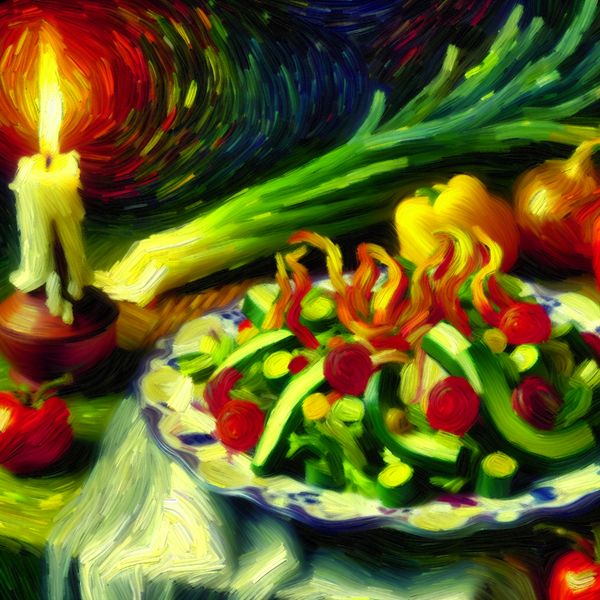 Vibrant Stilleven van een Salade op een Porseleinen Bord Vibrante stilleven van een salade op een porseleinen bord, omgeven door kleurrijke groenten en kaarslicht.