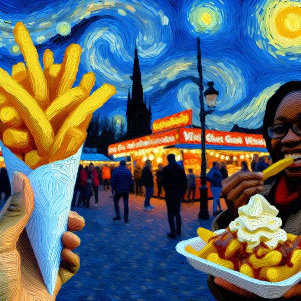 Veerkrachtige Straatvoedsel Scène in Nederland met Friet Een persoon houdt een grote cone met goudbruine, knapperige frietjes gedrenkt in romige mayo, met een levendige straat met eetstalletjes op de achtergrond.