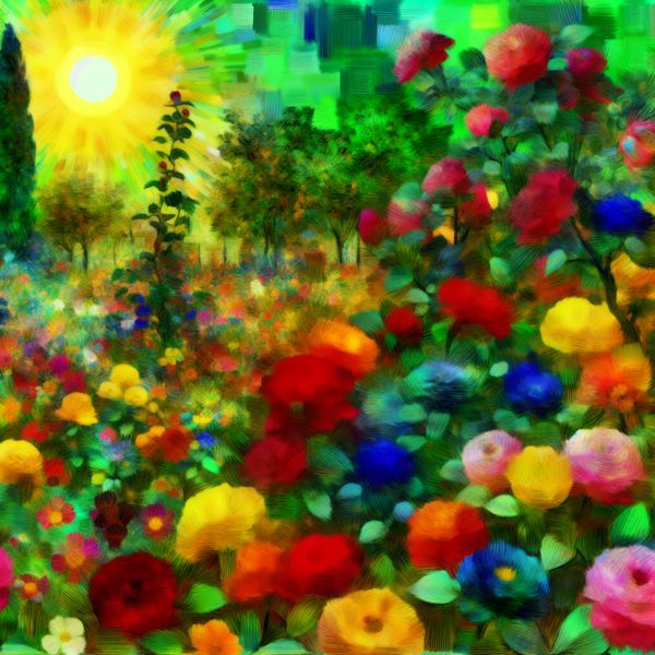 Kleurrijke rozen in volle bloei in een levendige tuin, met rijke kleuren en textuur