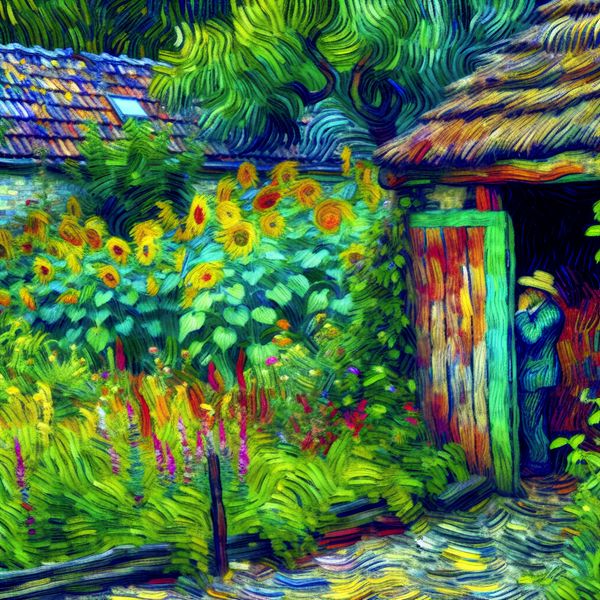 Vibrante tuin in Van Gogh-stijl met nieuwsgierige persoon Een persoon met een hoed die achter een openstaande deur in een kleurrijke tuin kijkt, omringd door zonnebloemen.
