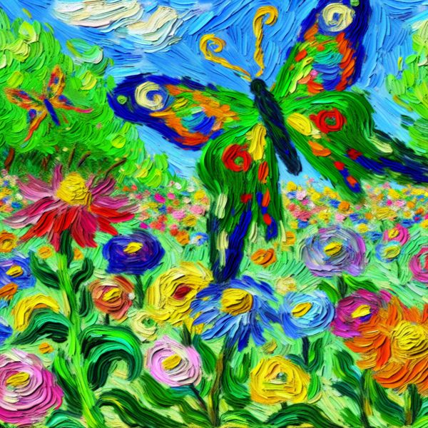 Een kleurrijke tuin met een vrolijke vlinder die van bloem naar bloem fladdert, onder een stralende blauwe lucht.